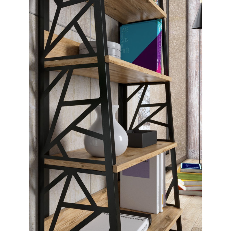 Bibliothèque moderne avec bords en métal, finition pin atlantique, 23,6 po x 63,0 po x 11,8 po | Panneau de particules durable à 100%, épaisseur de 0,7 pouce | Conception murale, nombreuses tablettes pour un rangement et une présentation élégants