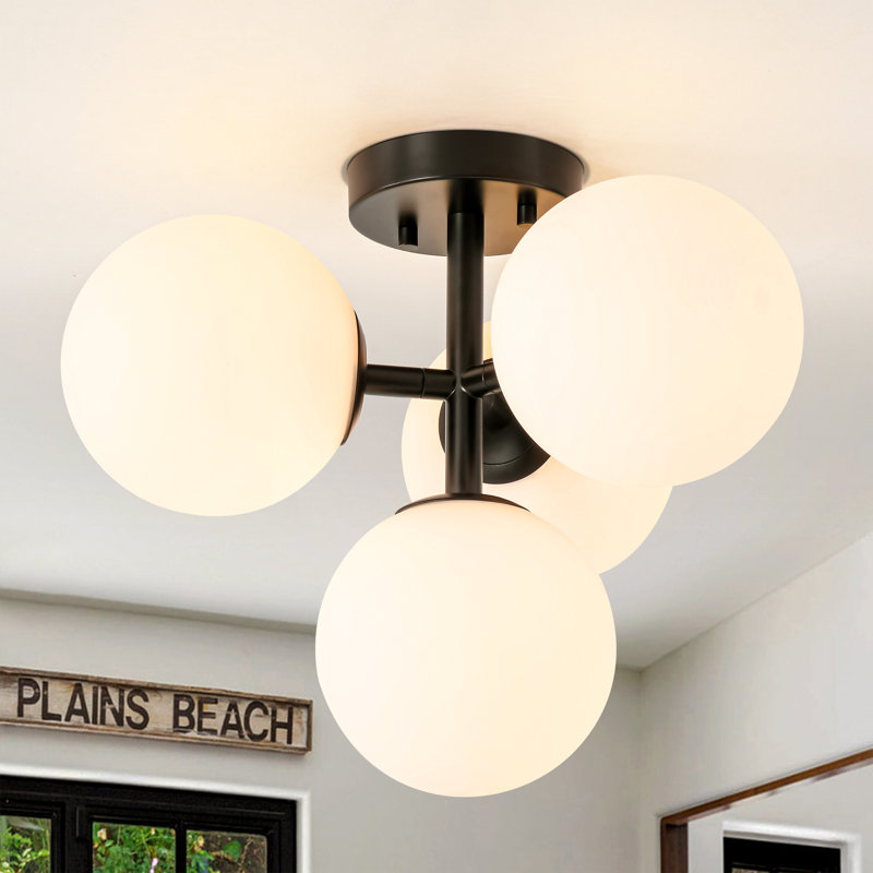 3-Light Modern Iron Glass Cover Globe Semi Flush Mount Lighting for Living Room/Bedroom, Matte Black