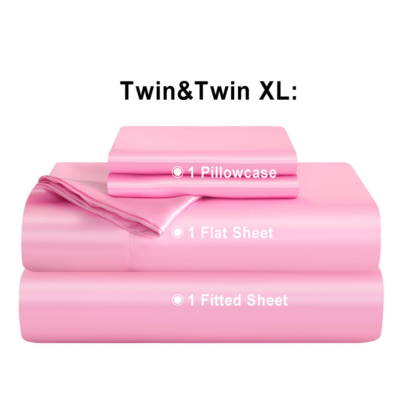 Lustrous Satin Bed Sheet Set Luxury Soft Durable, Pink, Twin Sheet Set with 1 Pillowcase