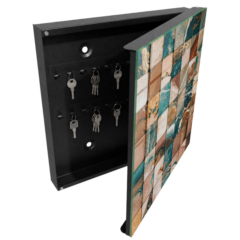 Key cabinet for home, Opens to the left, 30x30x5, White, Square mosaic earthy tones turquoise patterns, 
