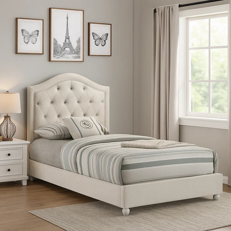 Lit double Rex avec rangement et tête de lit arquée capitonnée beige, Complète