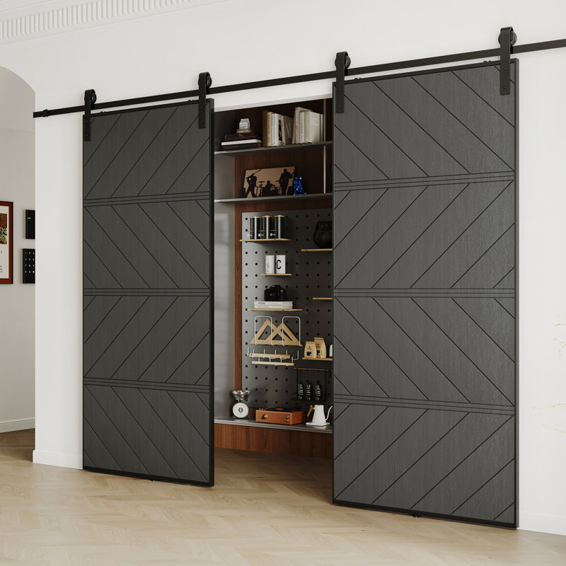 Black Chevron Sliding Barn Door with Hardware Kit - Pre-finished Modern Wood Interior Door for Bedroom & Office, 72" x 84"