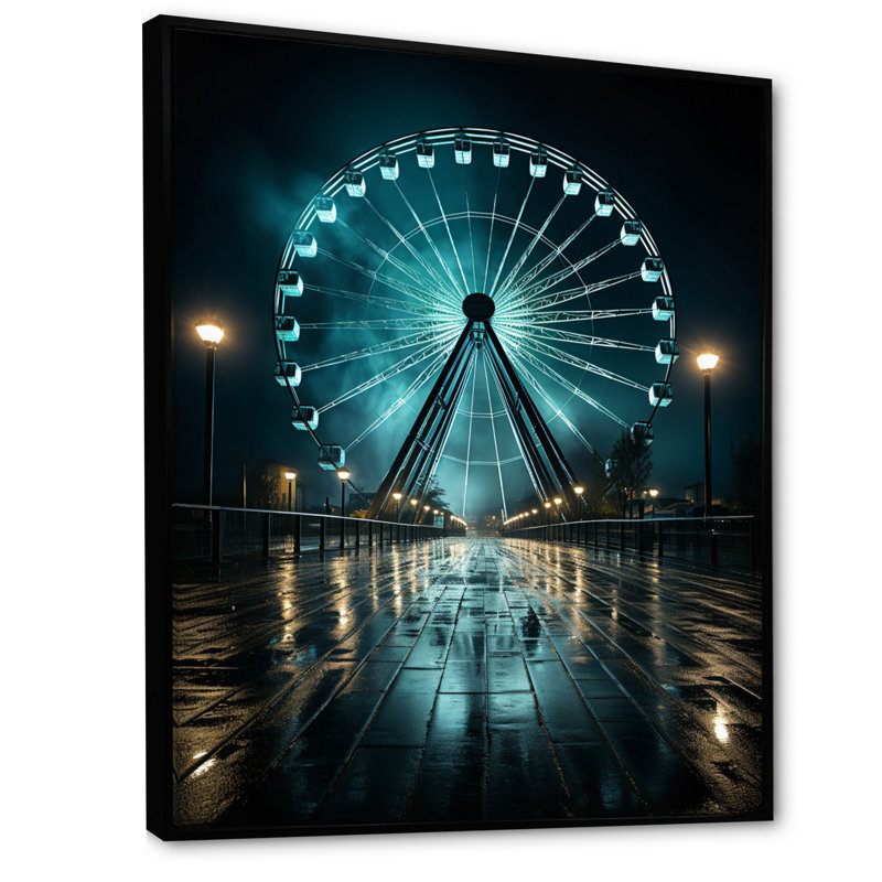 «Teal Ferris Wheel Nighttime Thrills», reproduction sur toile, H 32 po x l 24 po x P 1 po, Cadre flottant noir
