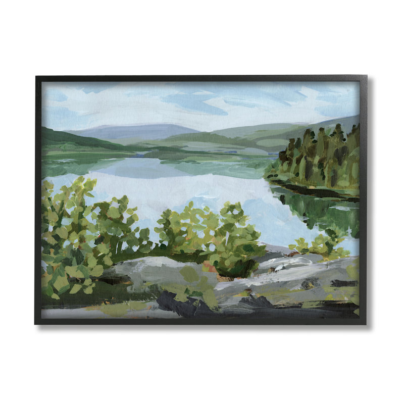 «Forest Lake Clearing Scenery» par Victoria Barnes - Peinture, Giclée encadrée noir minuit, H 11 po x l 14 po x P 1,5 po
