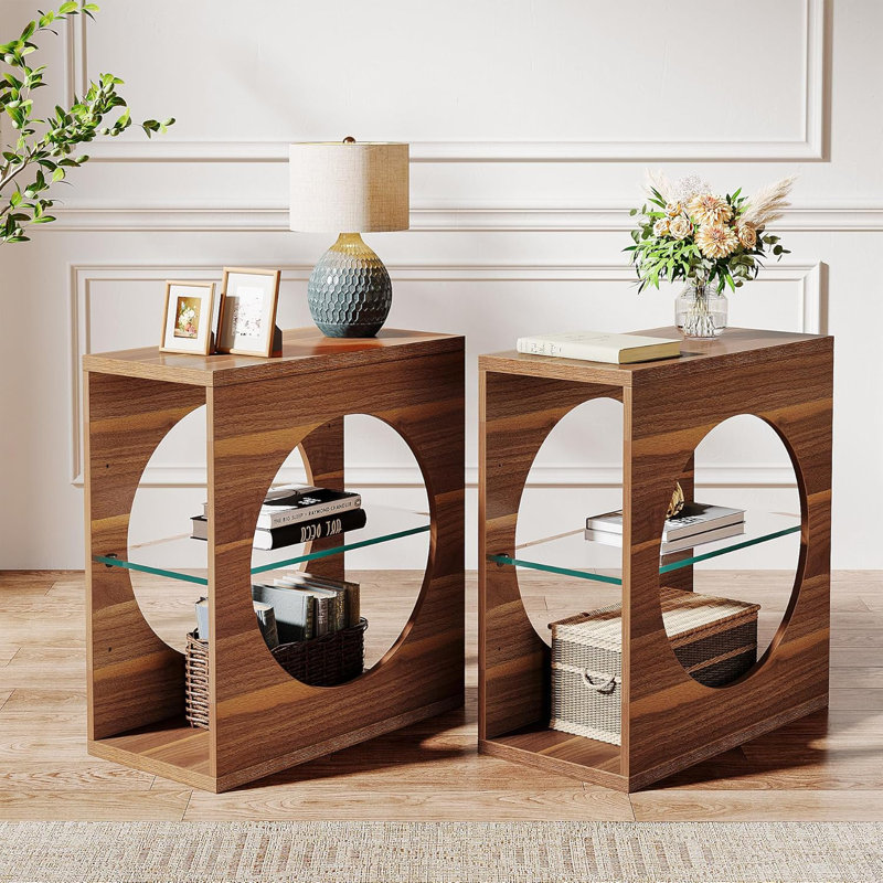 Ensemble de 2 tables de bout étroites à 3 niveaux, table d'appoint avec tablette en verre pour le salon.