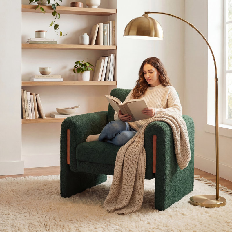 35" Wide Modern Bouclé Upholstered Armchair With Track Arms And Enclosed Base, Green