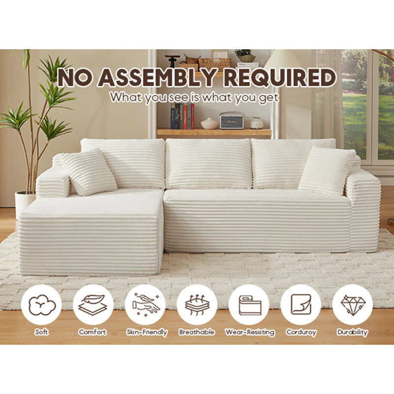 Boneless Modular Sectional Sofa, Cloud Couch, Left Hand Facing, White