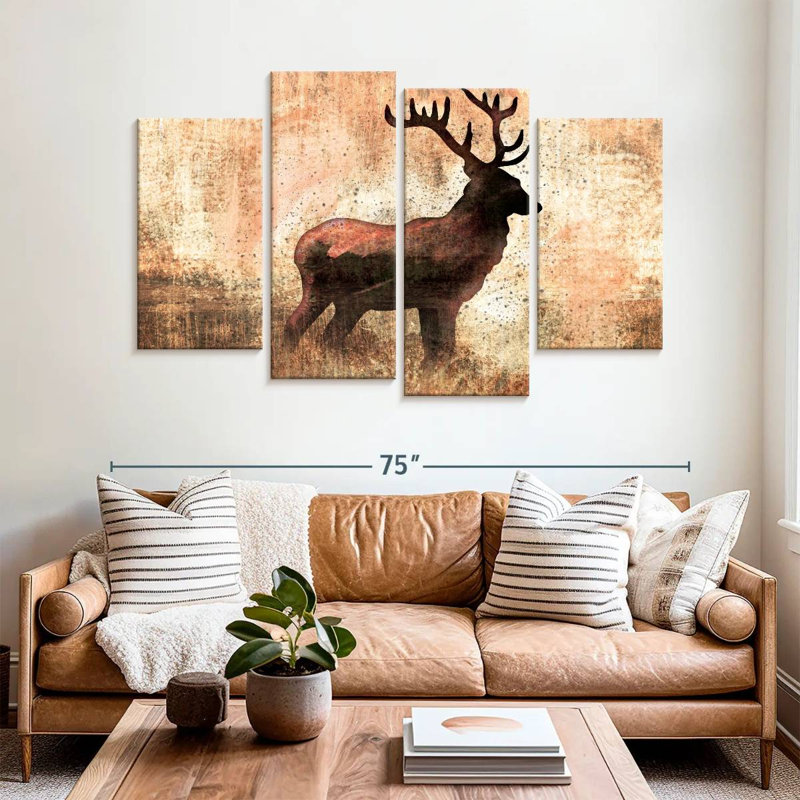 Cerf emblématique texturé 4 pièces, H 42 po x l 68 po x P 1,25 po