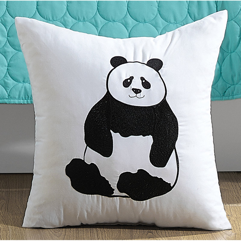 16" White and Black Embroidered Panda Pillow Set