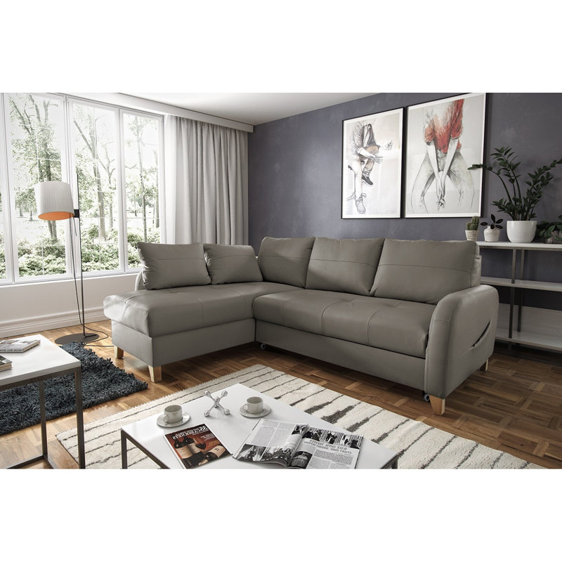 Alvaretta Leather Corner Sofa with Sleeping Function and Underseat Storage , Left Hand Facing, Grey