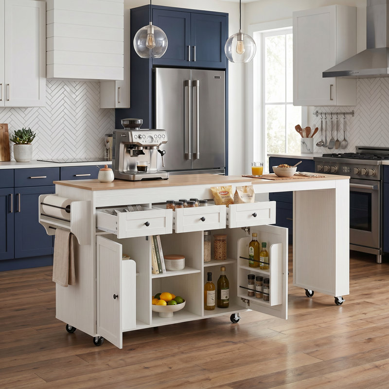 Rolling Kitchen Island with Extendable Dining Table Fits up to 85.5 in with Charging Station, Ample Storage & Lockable Wheels