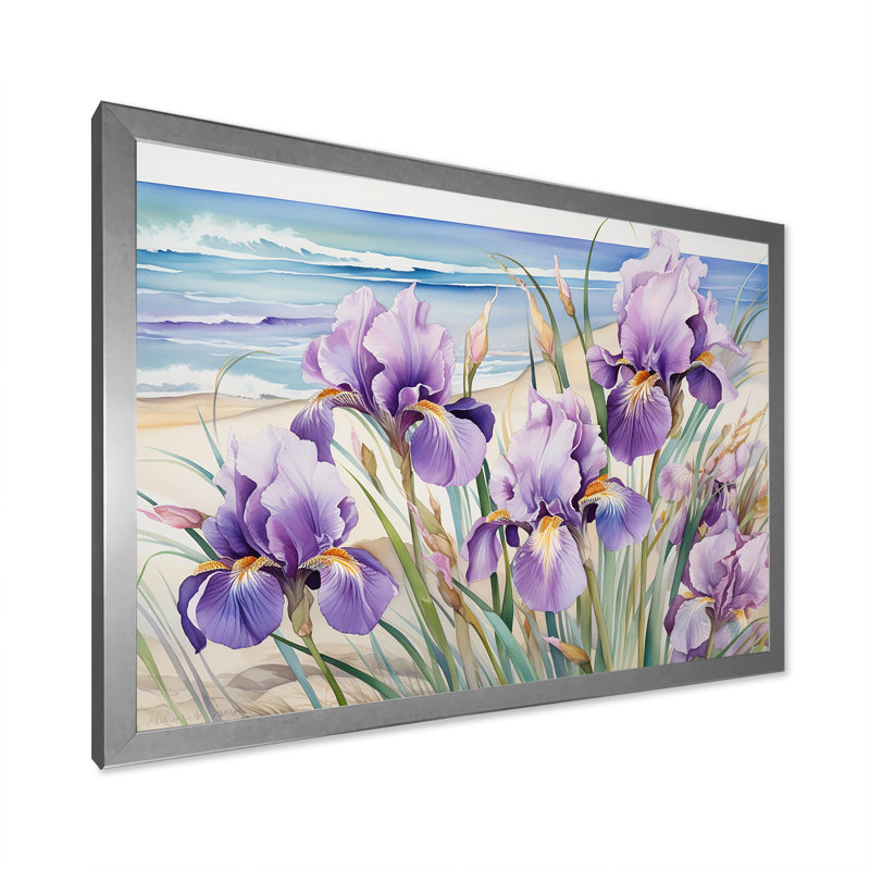 Iris mauves sur la plage sur toile, H 24 po x l 32 po x P 1 po, Cadre simple argenté