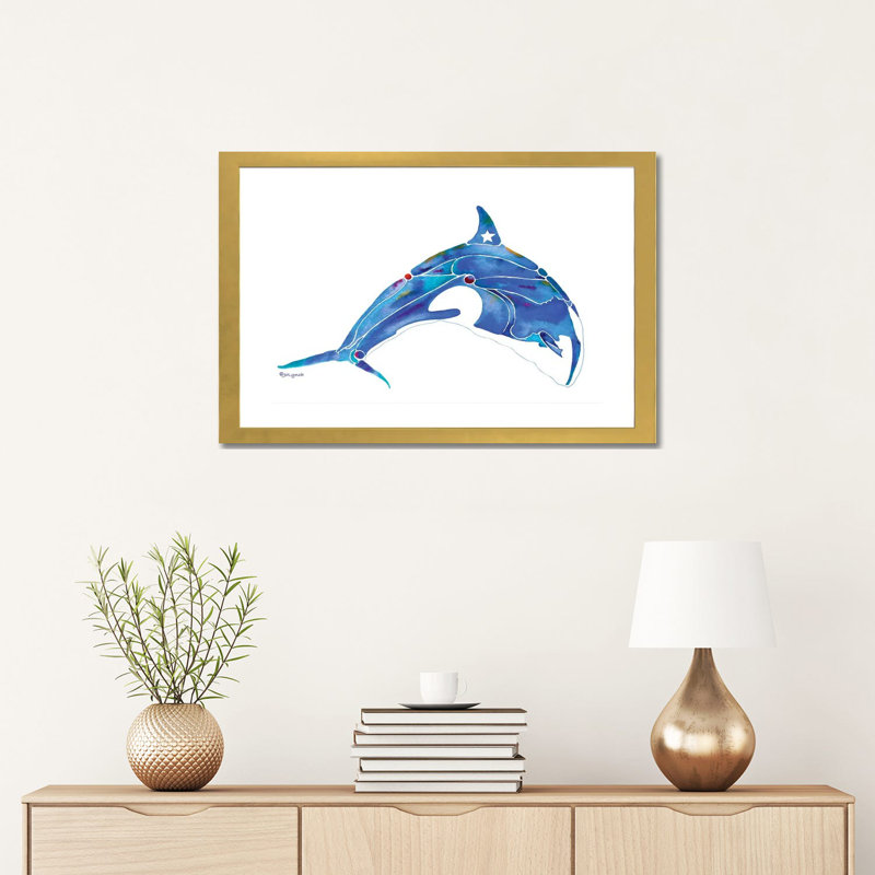 " Whale Orca " by Jo Lynch, 16" H x 24" W x 1" D, White, Gold Framed Paper