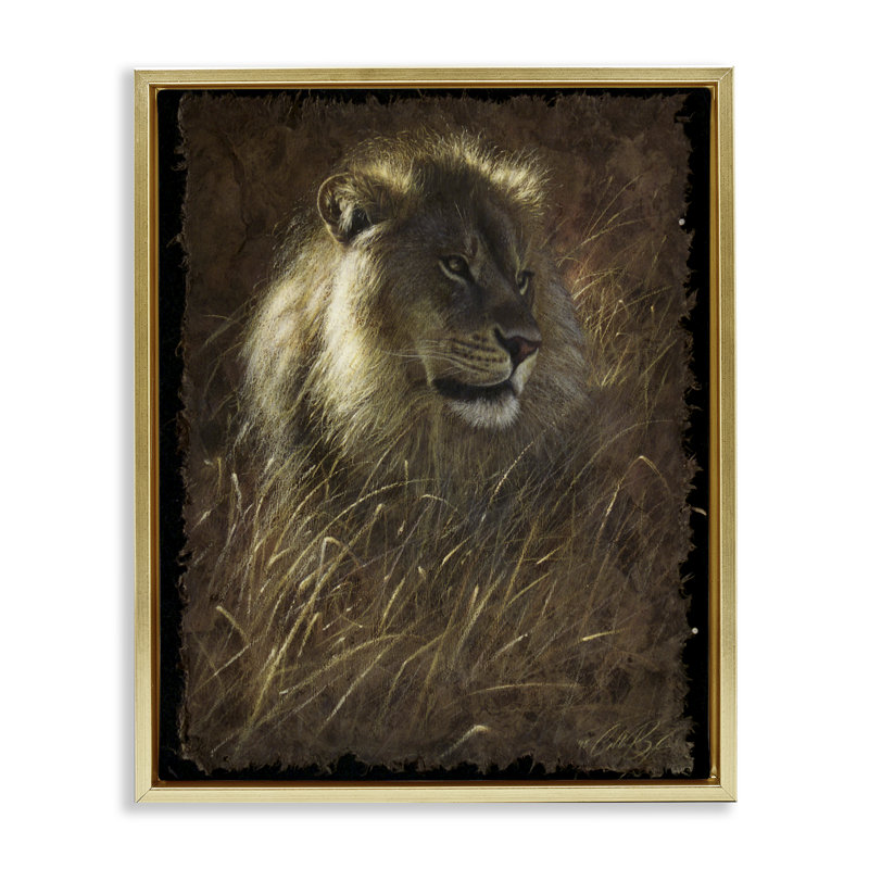 Lion On Rustic Bark Floating Frame, design by Collin Bogle, 21" H x 17" W, Metallic Gold Floater Frame