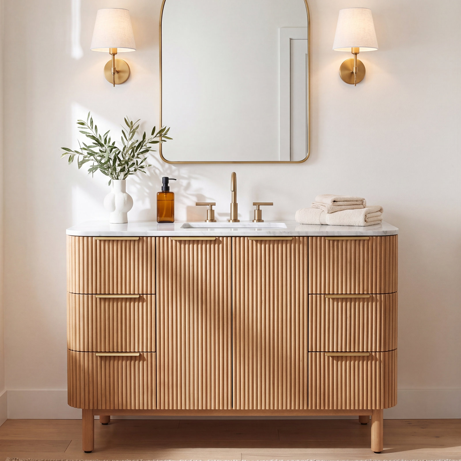 Nova 48" Carrara Marble Single Bathroom Vanity, Reeded Birch