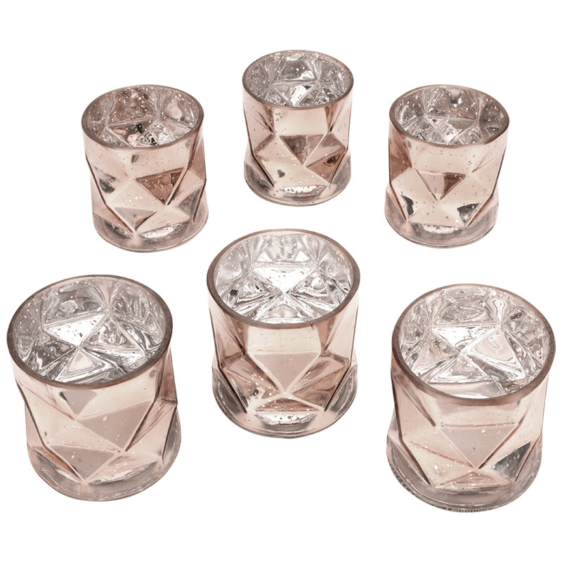  3.75" Tall Rose Gold Geometric Mercury Glass Candle Holders, Set Of 6, Rose Gold