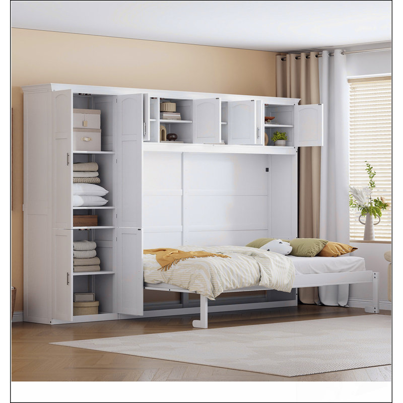 Grand lit escamotable mural avec armoires, grand, Blanc