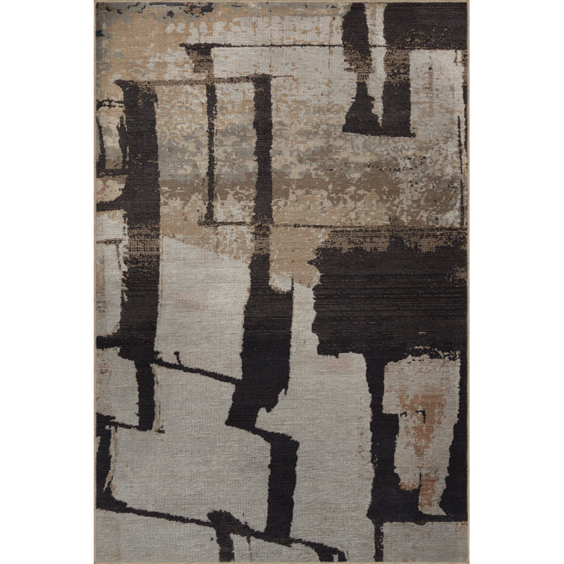 Tapis décoratif moderne à motif abstrait noir et beige, Rectangle 4 pi 11,06 po x 9 pi 10,11 po