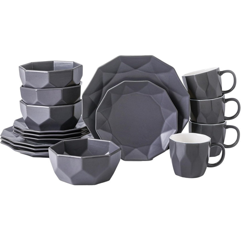 Stone Lain Jamie Informal Porcelain 16-Piece Geometric Dinnerware Set, Grey, Gray