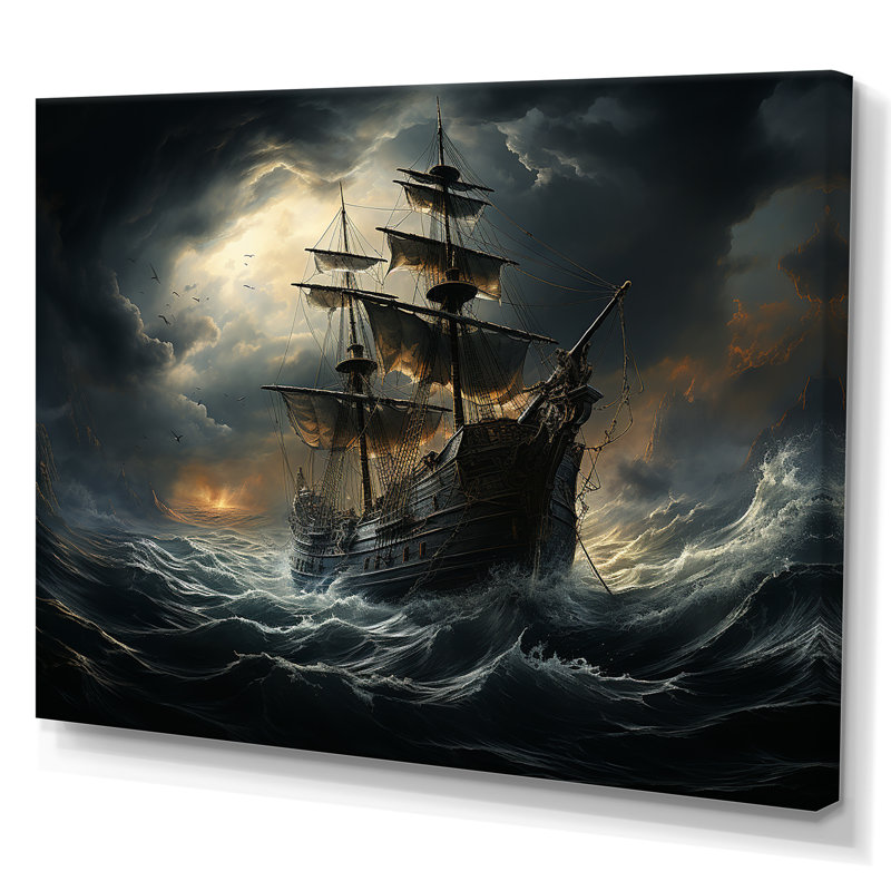 Pirate Ship At Stormy Seas - Art mural encadré pirate, 34" H x 44" W, Toile tendue