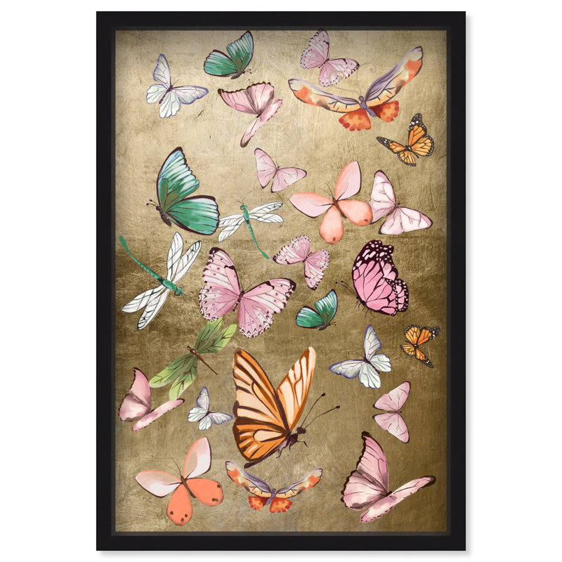 Oliver Gal Flying Over Gold Butterflies - Leaf Framed Shadowbox Art, Black, 37.5" H x 25.5" W