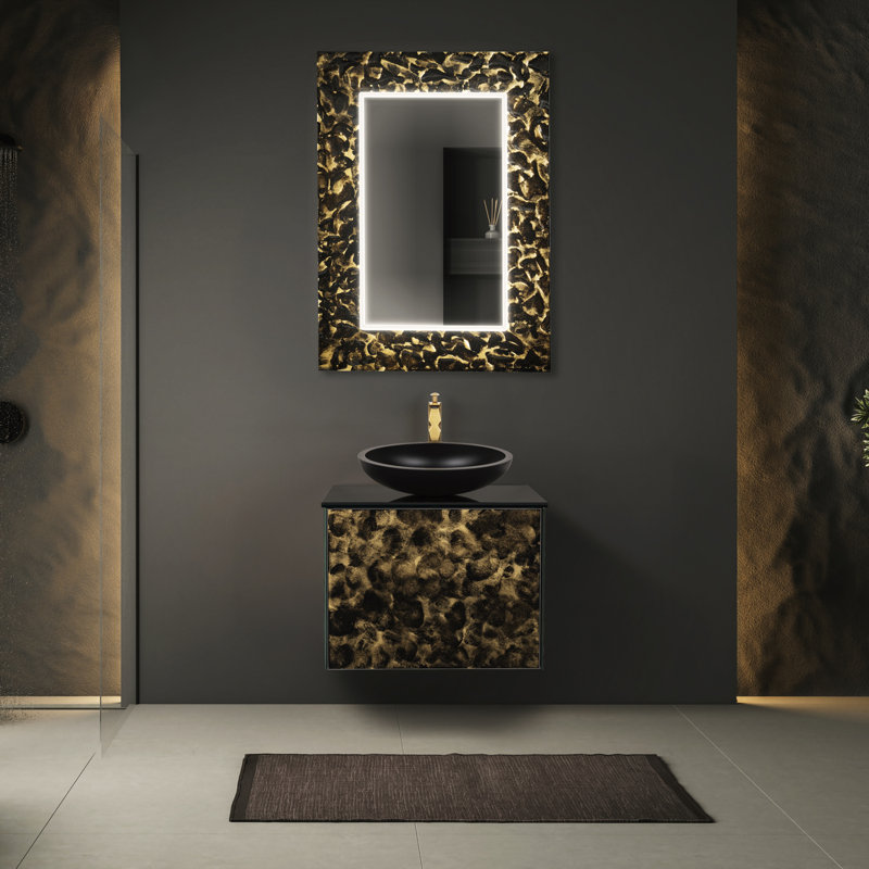 Meuble-lavabo mural de luxe en cristal Murano, 24", Noir et or