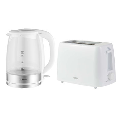 Tower Presto Kitchen Set, 1.7L Illuminating Glass Kettle 2200W and 2 Slice Toaster with 6 Browning Levels