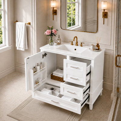 Ensemble de meuble-lavabo moderne 36 po avec ensemble de meuble-lavabo 36 po, armoire de rangement avec 1 porte à fermeture douce et 3 tiroirs à fermeture douce, structure en bois massif