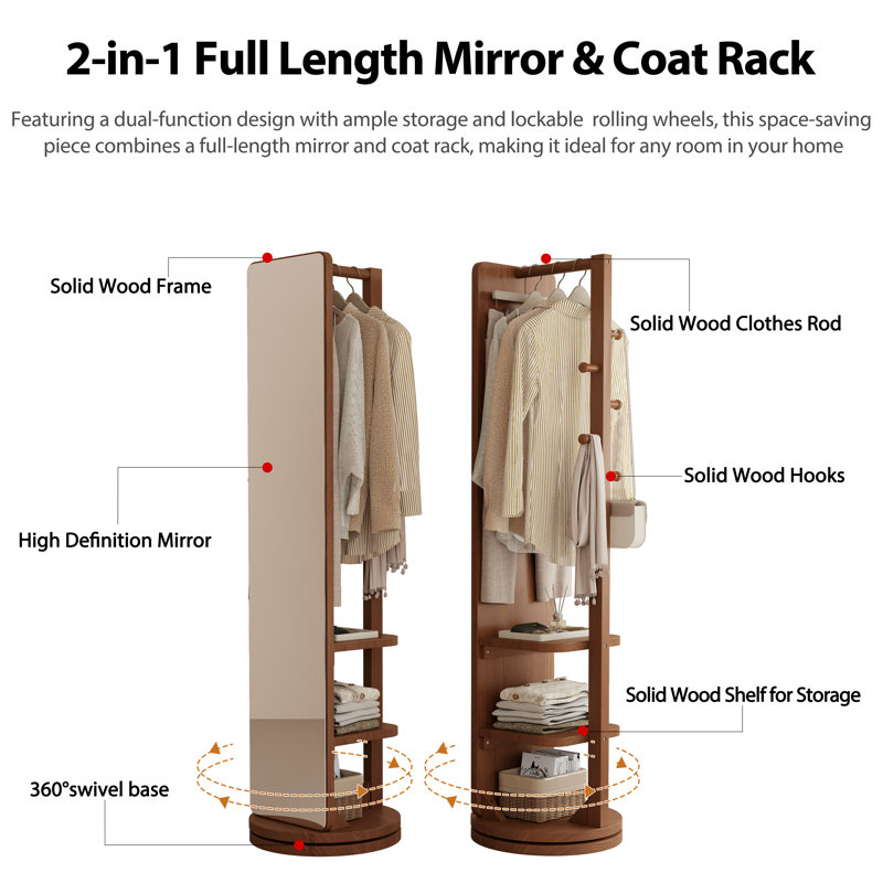 Solid Wood Full Length Mirror | Multifunctional Entryway Organizer with Rack & Hooks | Optional Rotating Base & Casters