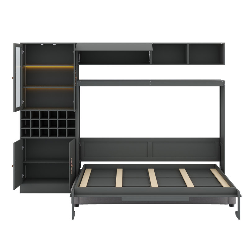 Lit escamotable mural avec canapé, tablettes USB et lumière Murphy, Gris