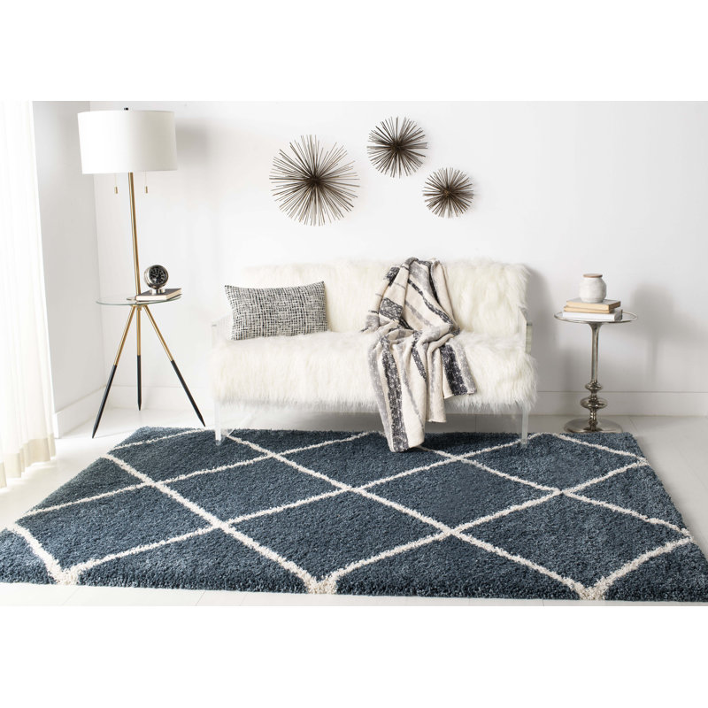 Humberto Hudson Shag Performance Geometric Rug, Rectangle 10' x 14', Slate Blue/Ivory