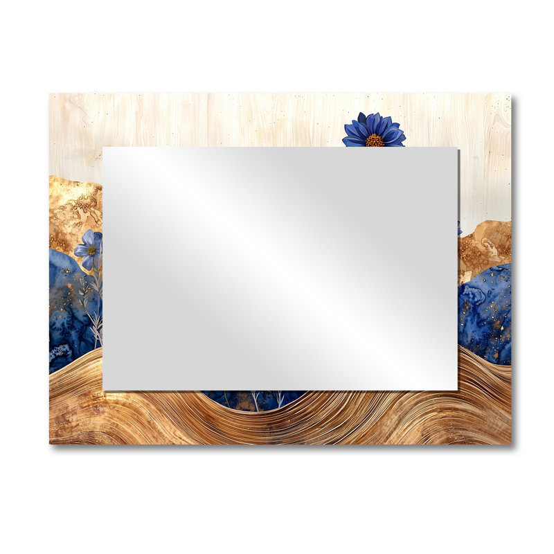 Fleurs bleues turquoise et paysage en bois I - Art mural miroir floral - imprimé sur métal, 30 po x 40 po
