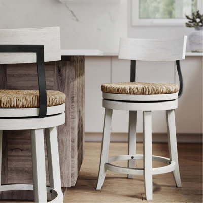 Wood Bar Stool With Natural Seagrass Seat, Reclaimed White