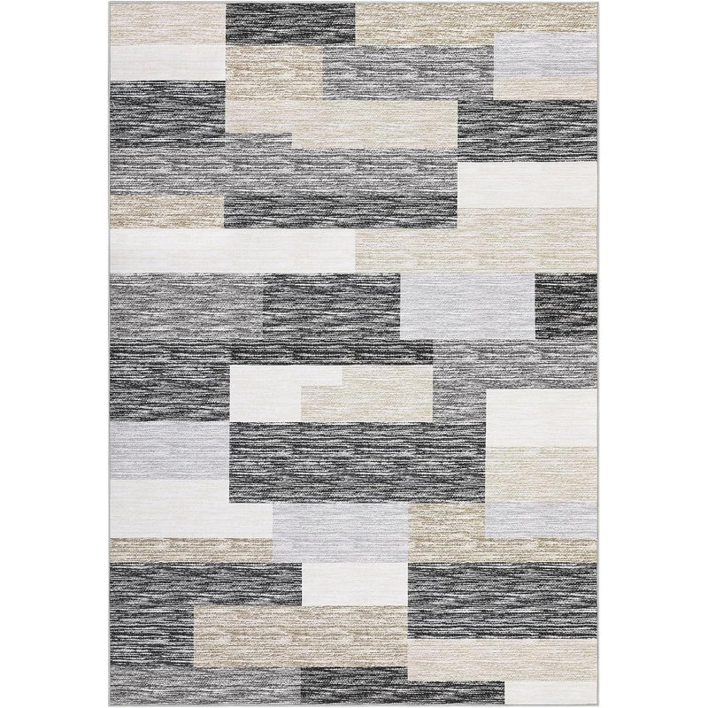2x6 Modern Runner Rug, Geometric Patchwork, Non-Slip, Washable, Low Pile, Hallway, Foldable, Contemporary Carpet, Laundry, Gray, Camel.