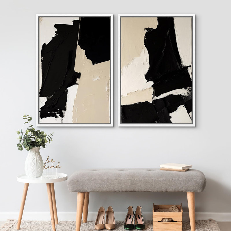 Noir et brun clair, coup de pinceau, collage, style minimaliste Mid-Century, grunge, abstrait géométrique, 2 pièces, Blanc