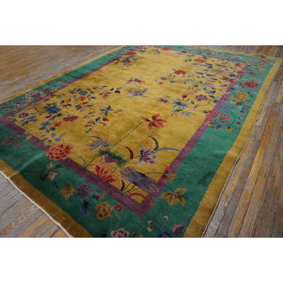 1920s Chinese - Art Deco Room Size Wool Rectangle Antique Knotted Yellow Rug