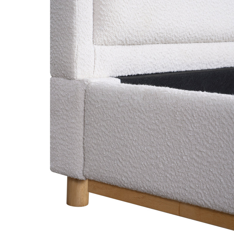 Structure de lit tapissier très grand avec tête de lit courbée, tissu blanc bouclé, Très grand lit