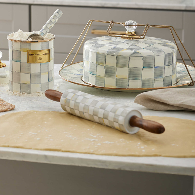 Gray and White Checkered Ceramic Rolling Pin with Wood Handles