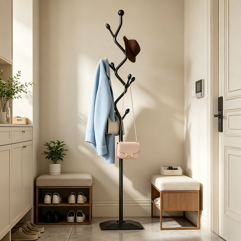 Tree-Shaped Freestanding Heavy-Duty Coat Rack, Black Metal Design, Equipped With 8 Hooks And A Cast Iron Base, Suitable For Hanging Clothes, Hats, Scarves, And Wallets.