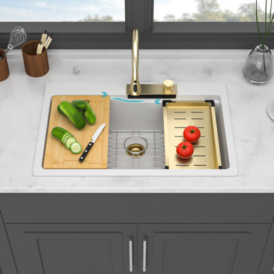 Drop In Waterfall Kitchen Sink - 33" X 22" X 10" White Composite Granite Quartz Single Bowl Workstation Kitchen Sink With Pull-Down Faucet