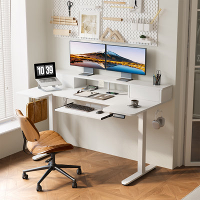 Joyful 55" U Shaped Height Adjustable Desk With Power Outlets & Drawers,Sit Stand Table With Keyboard Tray ＆ Ergonomic Monitor Stand For Home, Office