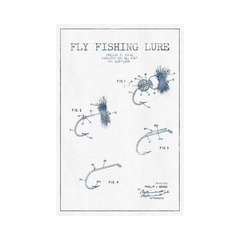 P.J. Novak Fly Fishing Lure Patent Sketch (Ink) by Aged Pixel - Wrapped Canvas Print, 20.32 cm H x 30.48 cm W