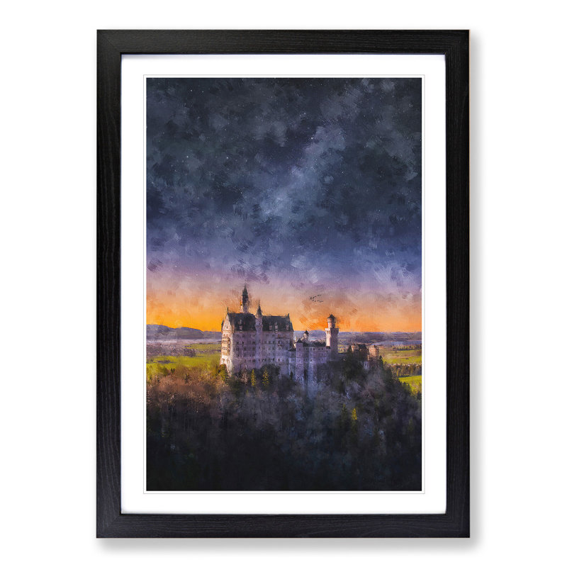 Neuschwanstein Castle at Dusk - Picture Frame Painting, 36cm H x 27cm W x 2cm D, Black Framed