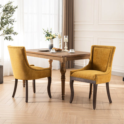 Side Golden Yellow Dining Chairs, Of 2, Thick Fabric & Solid Wood, High For A Joyous Experience Seat, Wood Legs, With Alluring Bronze Nail Head