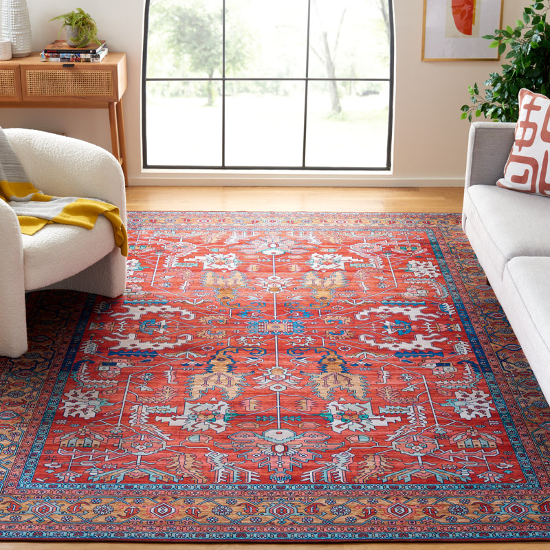 Tucson Vintage Look Machine Washable Non-Slip Area Rug in Red Multi, Rectangle 244cm x 305cm