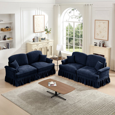 Ensemble de canapé de salon modulaire classique 2 pièces avec accoudoirs évasés et volants amovibles, jupes plissées et pieds fuselés, ensembles de canapé 2 places et de causeuse pour le salon