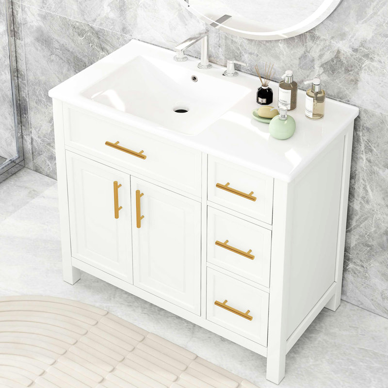 Meuble-lavabo de 36 po, avec finition en bois massif et blanc, 2 portes, 3 tiroirs, meuble-lavabo avec lavabo, trou de robinet de 8 po