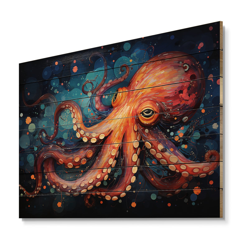 Octopus Expressionist Abyss I - Octopus / calmar, art sur bois de pin naturel, H 10 po x l 20 po