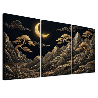 Ensemble de 3 toiles noires et dorées, paysage de montagne avec pins