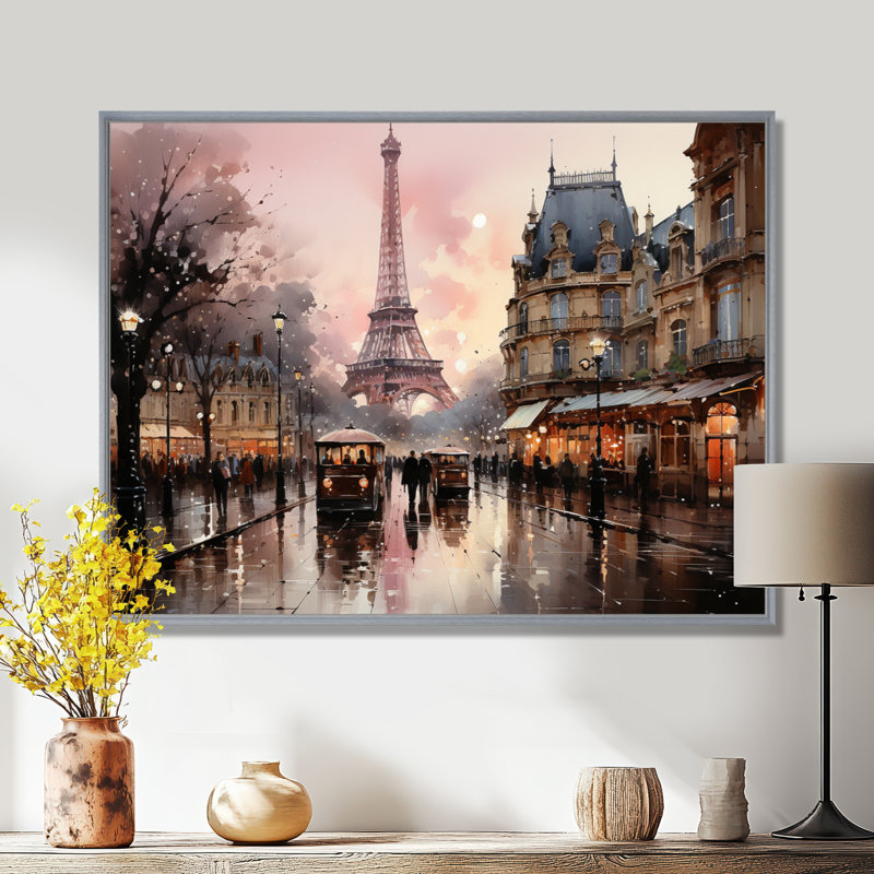 «Pink Twilight Rendezvous In Paris I», art mural de Paris pour le salon, H 24 po x l 32 po, Reproduction avec cadre flottant